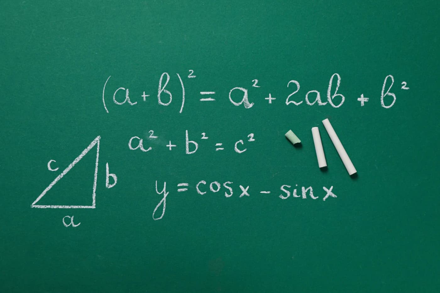 Wzory matematyczne i rysunek trójkąta na zielonej tablicy.
